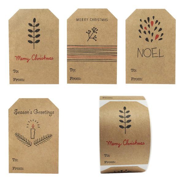 Boho Simple Christmas Gift Tags Holiday Present Stickers, 2 x 3", 100 Total Adhesive Labels
