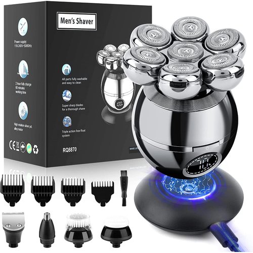 Head Shavers for Bald Men, Wjiang 6 in 1 Electric Razor Mens Shaver Wet Dry Cordless Electric Skull Shavers 7D Floating Rechargeable Bald Head Shaver Back Shaver Head Shaver for Men Father's Day gifts