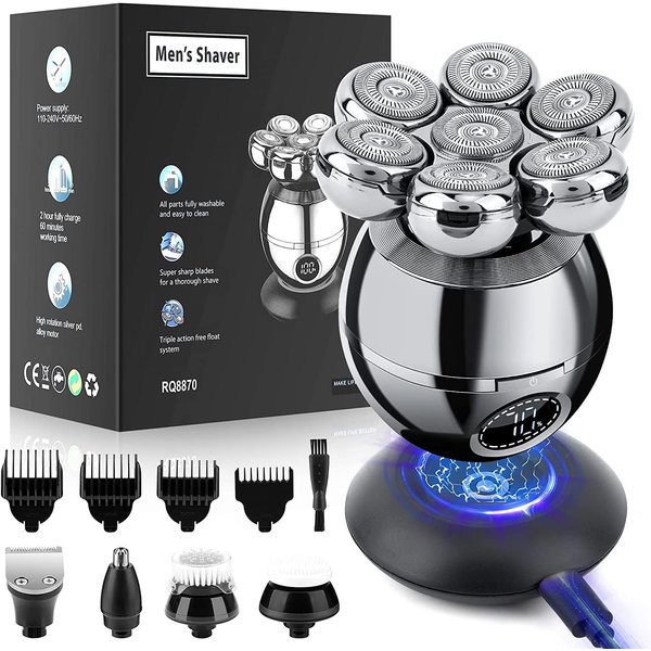 Head Shavers for Bald Men, Wjiang 6 in 1 Electric Razor Mens Shaver Wet Dry Cordless Electric Skull Shavers 7D Floating Rechargeable Bald Head Shaver Back Shaver Head Shaver for Men Father's Day gifts