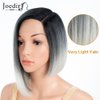 JOEDIR HAIR Bob Lace Front Wigs for Women Ombre Grey Asymmetrical Bob Wigs Side Part Bob Lace Wig Short Straight Bob Synthetic Hair (Color: 3T1B/GWHT)