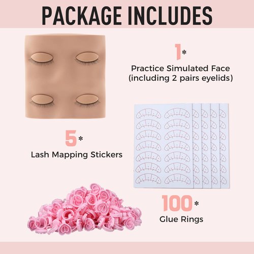 Pretty memory Lash Practice Kit with 2 Pairs of Lash Mannequin Head, 100 Pcs Glue Rings for Eyelash Extension, 35 Pairs of Lash Mapping Stickers, Eyelash Extension Supplies for Lash Extension Practice