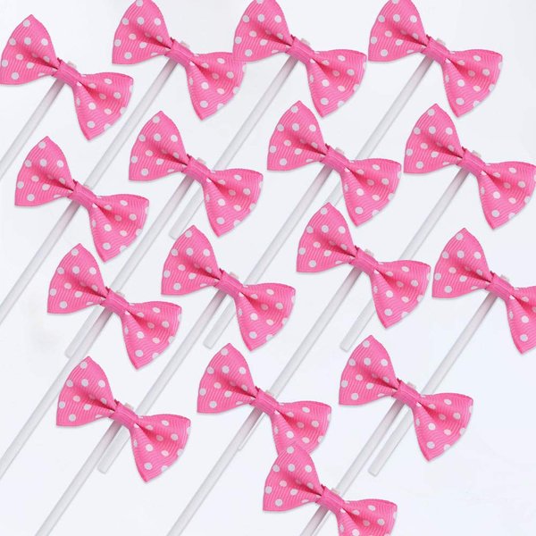 NMAS Bowknot Cupcake Topper 20 PCS Deep Rose with Dots, Children's Birthday Baby Shower Party Bow Dots Cupcake Toppers Cake Decoration Supplies