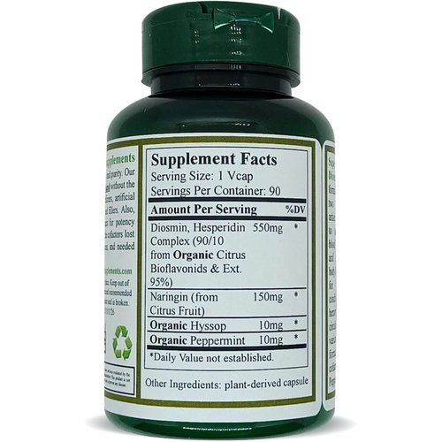 Green Organic Supplements Hesperidin, Diosmin, Narangin, Unique Formula (Hand Made, Non-GMO, Vegan, & Gluten Free) (Single)