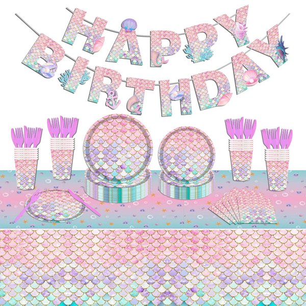 Poqirzan 122PCS Mermaid Birthday Party Supplies Serve 20 Pink Mermaid Tableware Set for Kids Pink Girls Mermaid Birthday Party Decorations Include Banner Tablecloth Plates Napkins Cups Forks Knives