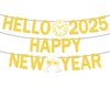 Gold Glitter Happy New Year Banner 2025 - Happy New Year Decorations Hello 2025 Banner for New Years Eve Party Supplies 2025