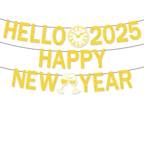 Gold Glitter Happy New Year Banner 2025 - Happy New Year Decorations Hello 2025 Banner for New Years Eve Party Supplies 2025