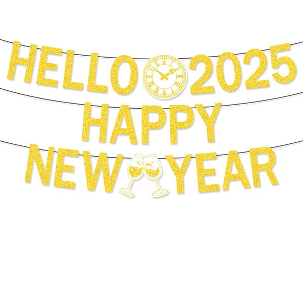 Gold Glitter Happy New Year Banner 2025 - Happy New Year Decorations Hello 2025 Banner for New Years Eve Party Supplies 2025