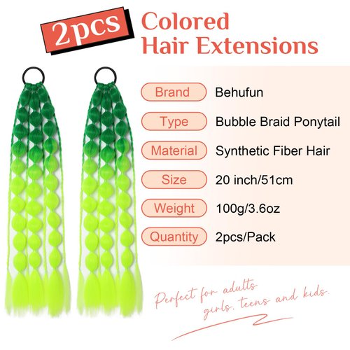 Colored Hair Extensions, Behufun 2Pcs 20" Lightweight Colored Hair Extensions for Kids Bubble Ponytail Extension with Hair Tie, Ombre Crazy Hair Day Accessories for Girls Festival Rave B43