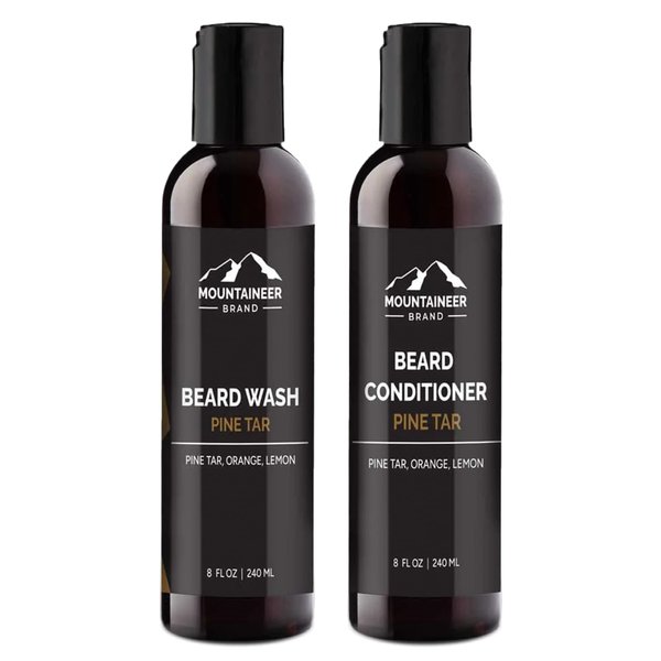 Mountaineer Brand Basic Beard Bundle | Beard Wash and Conditioner for Men | Beard Shampoo/Beard Conditioner Set | Deep Cleans | Leaves Hair Soft and Hydrated | Pine Tar Scent | 2 Count | 8oz