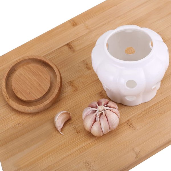 Vinkoe Kitchen Garlic Keeper Vented Ceramic Storage Container White Stoneware with Bamboo Lid
