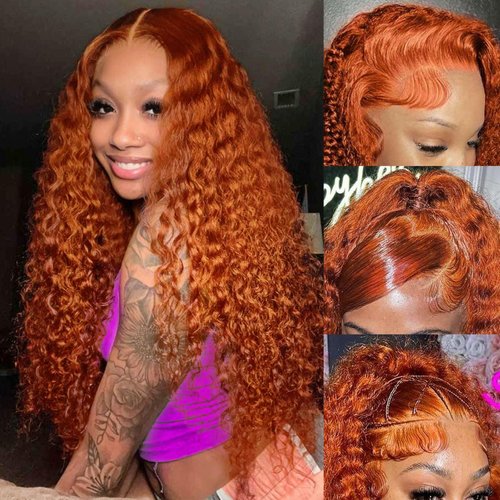 SOEZ 26 Inch Ginger Orange Lace Front Wigs Human Hair Deep Wave 13x4 HD Transparent Lace Frontal Wig for Women 180% Density Curly Wet and Wavy Lace Front Wigs Human Hair 350# Colored Glueless Wig