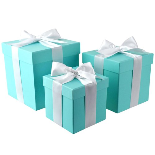 HOMEFORD Nested Square Gift Boxes, Robin's Egg Blue, 5-inch, 6-inch, 7-inch, 3-piece, 1.5-inch White Satin Ribbon