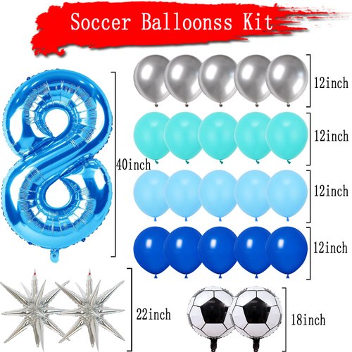 Soccer Balloons 8th Birthday Decorations for Boy, 40in Blue Number Balloons Birthday Party Decorations World Cup Soccer Sports Theme Party Supplies Soccer Birthday Party Decorations