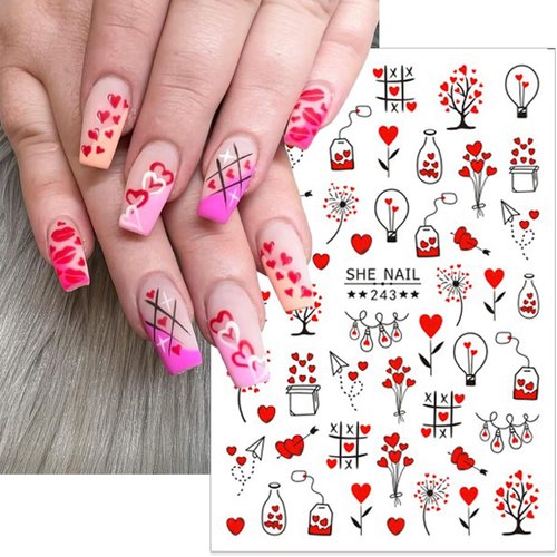8 Sheets Valentines Nail Stickers 3D Heart Nail Art Stickers Self-Adhesive Valentine's Day Nail Decals Red Love Heart Nail Supplies Letter Simple Line Girl Nail Design Sticker for Women DIY Manicure