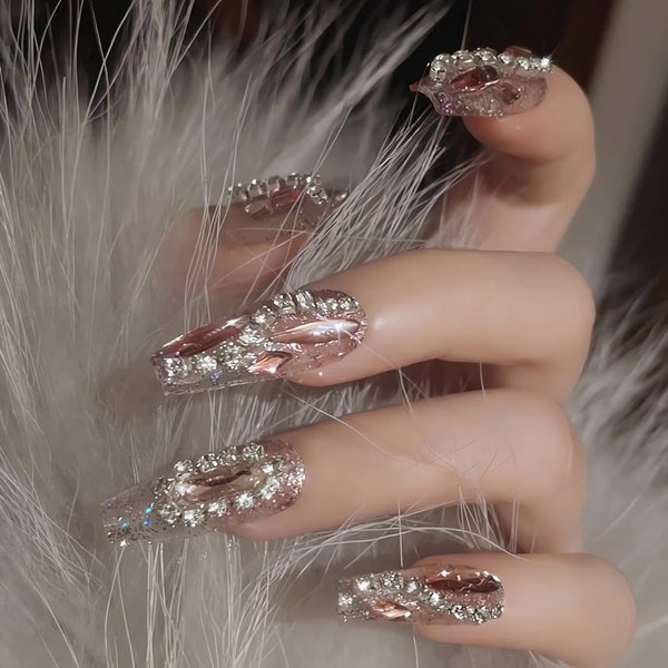 MISUD Press on Nails Long Coffin Fake Nails Glossy Glue on Nails Luxury Pink Rhinestone Acrylic Nails Ballerina Artificial Nails Bling Glitter Stick on False Nails with Design 24 pcs