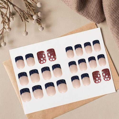 24 Pcs 4th of July Press on Nails Short Square Independence Day Fake Nails Blue French Tip False Nails Glue on Nails Red Acrylic Nails with Star Glitter Design for Patriotic Women Nail Decoration