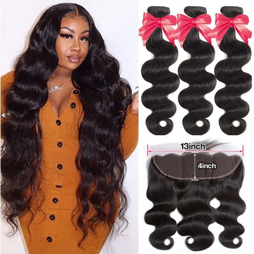 Brazilian Body Wave Bundles Human Hair with Frontal Closure (18 20 22+16F) 13×4 Ear to Ear Lace frontal with bundles 100% Brazilian Virgin Human Hair Extensions Natural Color