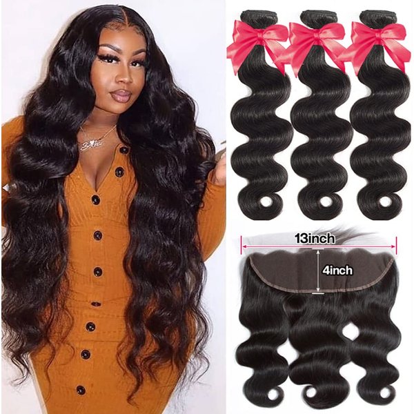 Brazilian Body Wave Bundles Human Hair with Frontal Closure (18 20 22+16F) 13×4 Ear to Ear Lace frontal with bundles 100% Brazilian Virgin Human Hair Extensions Natural Color