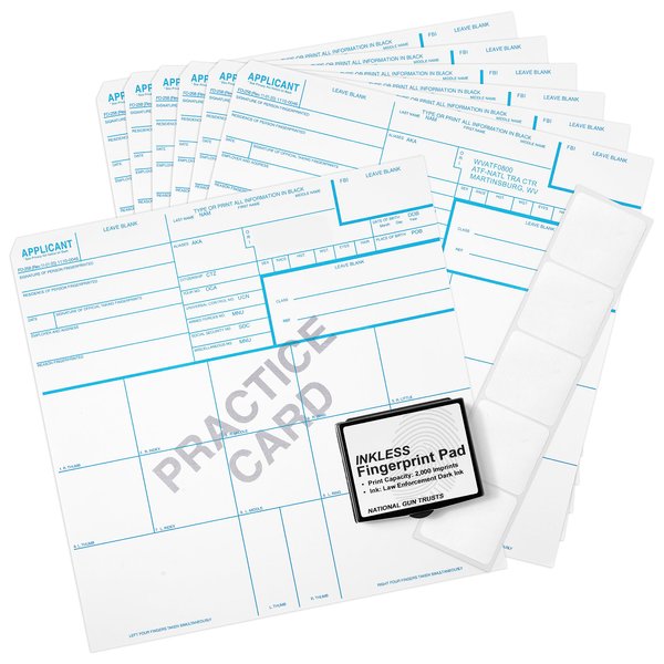 National Gun Trusts - Made in USA - FD 258 Fingerprint Card 2024 Kit Full (6 Cards + 1 Practice Card) w/Reusable Ink Pad, Correction Tabs, Instructions