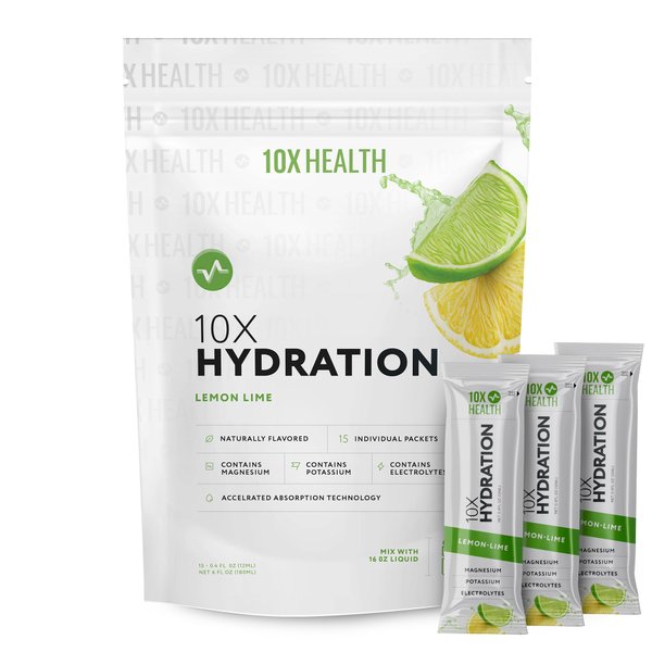 10X Health Hydration Packets Lemon Lime Electrolyte Drink Mix Liquid 15 Stickpacks with Magnesium Citrate, Sodium & Potassium - Natural Flavored Sugar Free Electrolyte