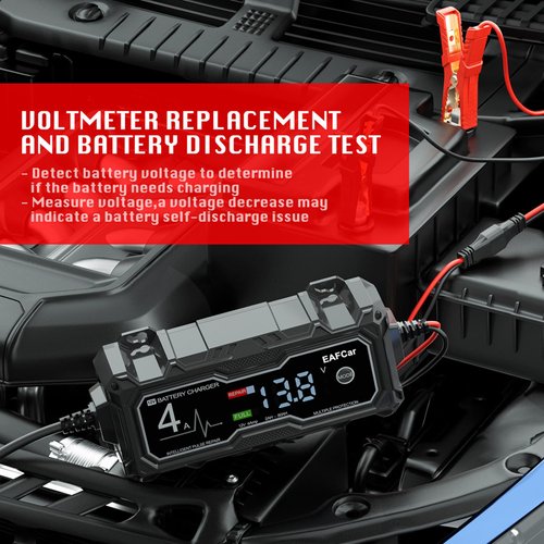 EAFCar Car Battery Charger 4-Amp, 12V Battery Charger Automotive, Trickle Charger for Car Battery - Smart Fully Battery Maintainer with Temperature Compensation and LCD Display