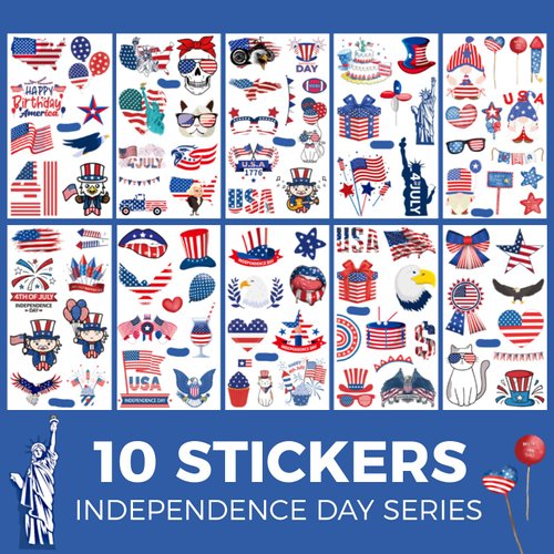 MYOKBAR 4th of July Tattoos of Kids Bulk,100 Patriotic Stickers Temporary Tattoo Kids,Waterproof Temporary Tattoos for Girls Boys Birthday Party Favors