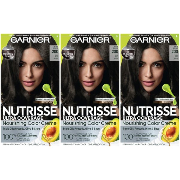 Garnier Hair Color Nutrisse Ultra Coverage Nourishing Creme, 200 Deep Soft Black (Black Sesame) Permanent Hair Dye, 3 Count (Packaging May Vary)