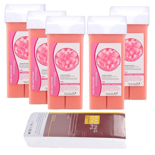5 Pack Rose Roll On Wax Hair Removal Wax Cartridge Depilatory Wax Roller for Sensitive Skin, at Home Waxing Body, Legs, Underarm Ideal for Personal & Professional Use Beauty Salon