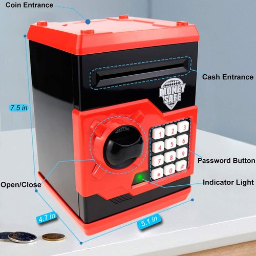 Yoego Kids Money Bank, Electronic Piggy Banks, Great Gift Toy for Kids Children, Auto Scroll Paper Money Saving Box Password Coin Bank,Perfect Toy Gifts for Boys Girls (Black red)