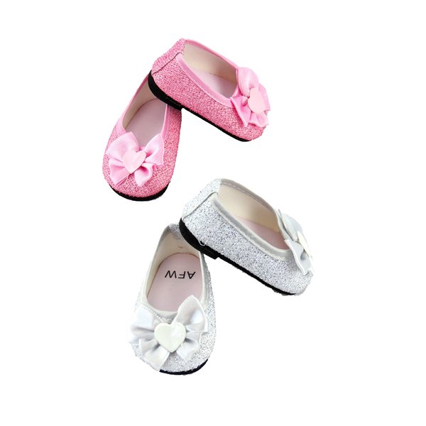 American Fashion World Silver and Pink Bow Flat Shoes for 18 inch Dolls | 2 Pack | Premium Quality & Trendy Design | Dolls Shoes | Shoe Fashion for Dolls for Popular Brands