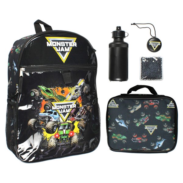 Monster Jam Megladon Grave Digger Max-D Monster Trucks Backpack Lunch Bag Water Bottle Ice Pack 5 Piece Mega Set