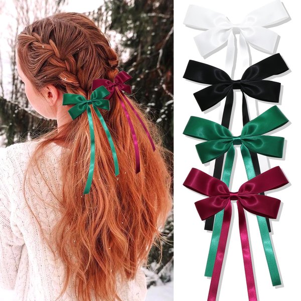 SAWINDA Silk Satin Bow Hair Clips for Women 4PCS Hair Ribbon Bow Clips with Long Tassel Slides Metal Clips Hair Barrette Wedding Party Hair Pins Hair Accessories for Women