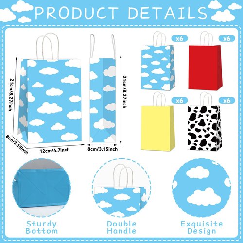 CHUNNIN 12Pcs Cartoon Story Birthday Party Paper Gift Bags Toy Inspired Game Story Party Goodie Bag Cow Print Sky Blue Cloud Treat Bag Decoration for Kids Toy Birthday Baby Shower Party Supplies