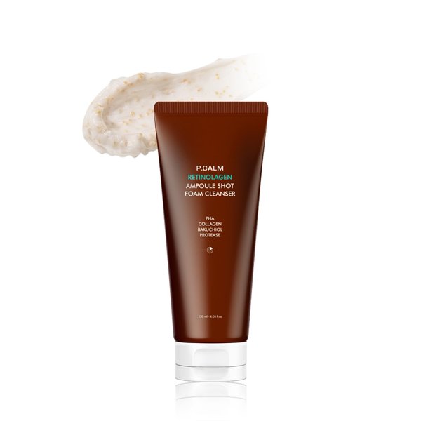 P.CALM Retinolagen Ampoule Shot Foam Cleanser 120ml | Vegan Pore Control Facial Wash with Retinol, Collagen, PHA, Bakuchiol for Sensitive Skin | Korean Skincare