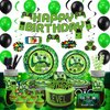 Green Video Game Party Supplies 201Pcs Gamer Gaming Party Decoration For Boys Birthday Party Table Cover, Plates, Cups, Napkins, Utensils, Hanging Swirls, Birthday Banner, Cupcake, Topper Cake