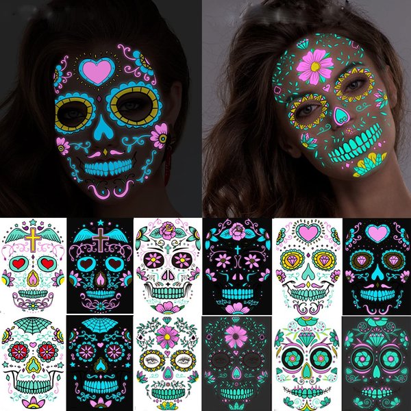 Halloween Day of Dead Face Tattoos, Neon Sugar Skull Face Tattoo,6-Sheet Shimmer Designs Glow UV Neon Body Face Skin Tattoo Stickers for Men Boys Body Art