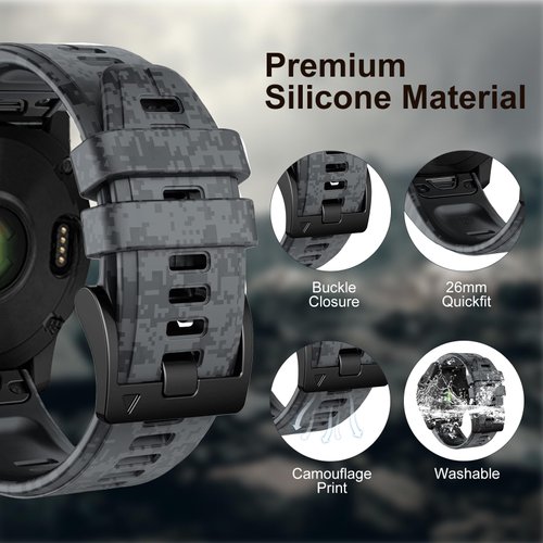 Bandkids 26mm Camouflage Band for Garmin Fenix 5X /Fenix 6X /Fenix 7X Watch Band,Soft Silicone Waterproof Sport Quickfit Watch Bands for Garmin Fenix 6X Pro/5X Plus/Fenix 3/3 HR/Enduro/Tactix Delta