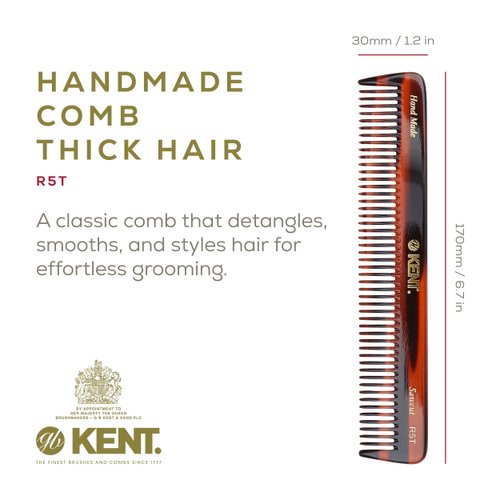 Kent R5T All Coarse Hair Detangling Comb Wide Teeth Dressing Table Comb for Thick Curly Wavy Hair. Hair Detangler Comb for Grooming Styling Hair, Beard and Mustache. Saw-Cut. Handmade in England