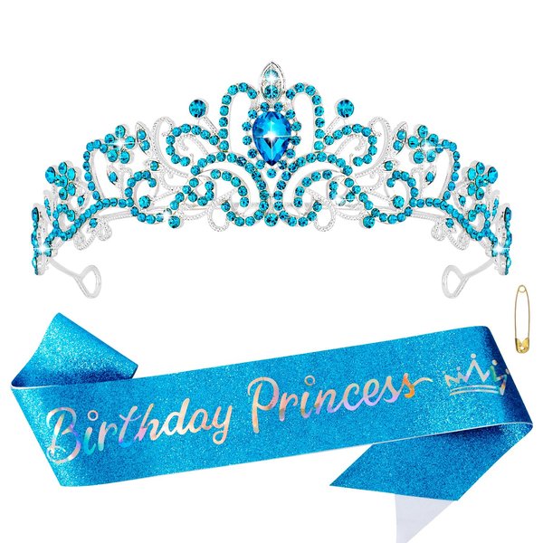 Atoden Birthday Crown and Sash Set Birthday Girls Princess Tiara Queen Crowns Blue Crystal Tiara Women Rhinestone Tiara Birthday Headband Happy Birthday Decorations Party Gifts