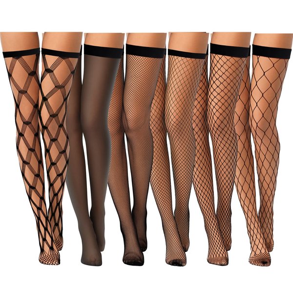 Janmercy 6 Pairs Women Thigh High Fishnet Stockings with Top Elastic Band Sheer Stockings Over the Knee Pantyhose Hosiery (US, Alpha, Medium, Regular, Regular, Black)