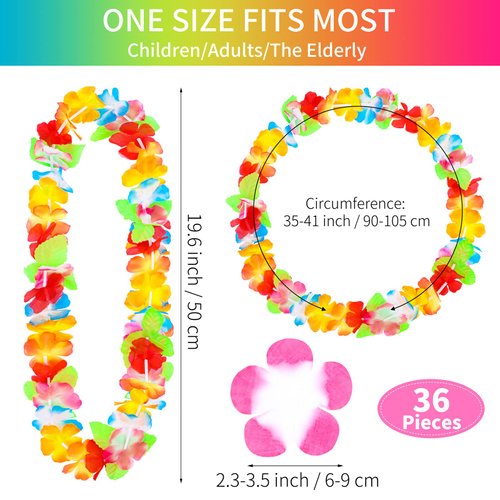 Ruisita 36 Pieces Leis Necklace Hawaiian Colorful Tropical Leis Necklace in 36 Colors Hawaiian Garland Party Decorations for Luau Themed Party, Beach, Holiday, Birthday Decorations