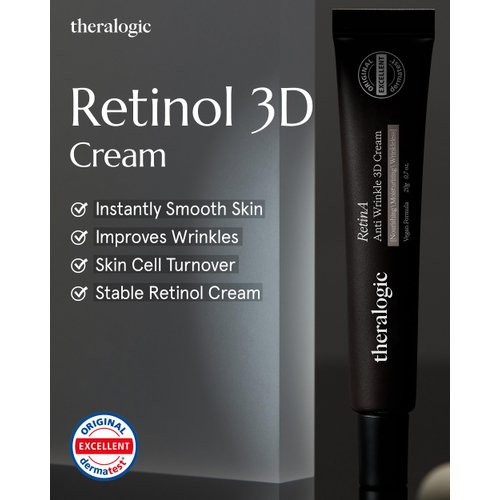 theralogic Retinol 3D Cream - Korean Retinol Vitamin A Face Moisturizer - Lifting, Skin Renewal and Wrinkle Improvement Night Treatment with Peptides - Dermatologically Tested, Vegan Formula, 0.7 oz.