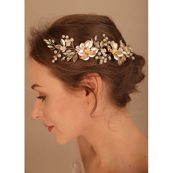 Denifery Flower Bride Wedding Hair Vine with Combs Gold Leaf Bridal Headband Opal Rhinestones Hair Breath Accessories for Women and Girls