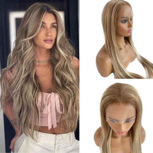 Upgrade - Strawberry Blonde Mixed Platinum Blonde HD Lace Front Human Hair Wigs,12*4 Ombre Highlight Straight Lace Wig 100% Remy Virgin Hair,Pre Plucked with Baby Hair Natural Hairline 150% Density
