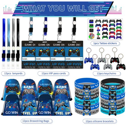 122Pcs Video Game Party Favors, Gamer Party Favors for Boys Includes 13 x 11 Inch Video Game Party Drawstring Bags Bracelets VIP Passes with Lanyards Keychains Tattoo Stickers for Gaming Party Favors