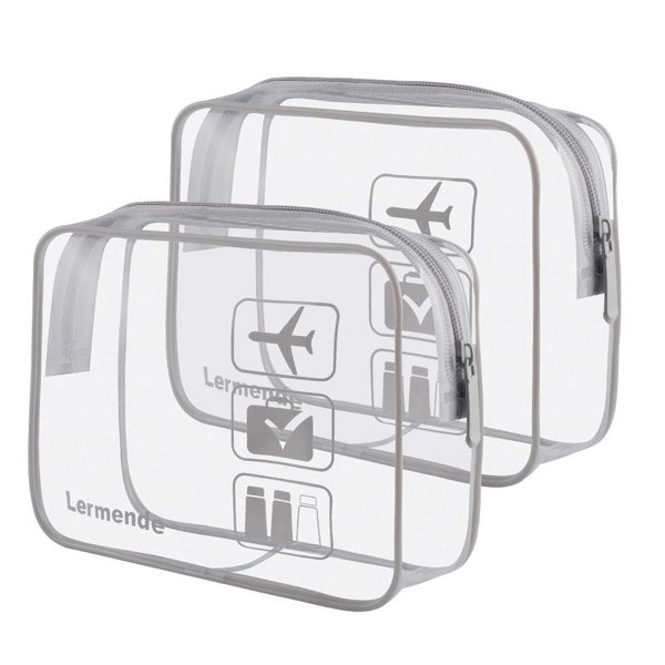 Lermende 2pcs Clear Toiletry Bag TSA Approved Travel Toiletry Bag, Carry On Airport Airline Compliant Bag Quart Sized 3-1-1 Kit Luggage Pouch (Grey)