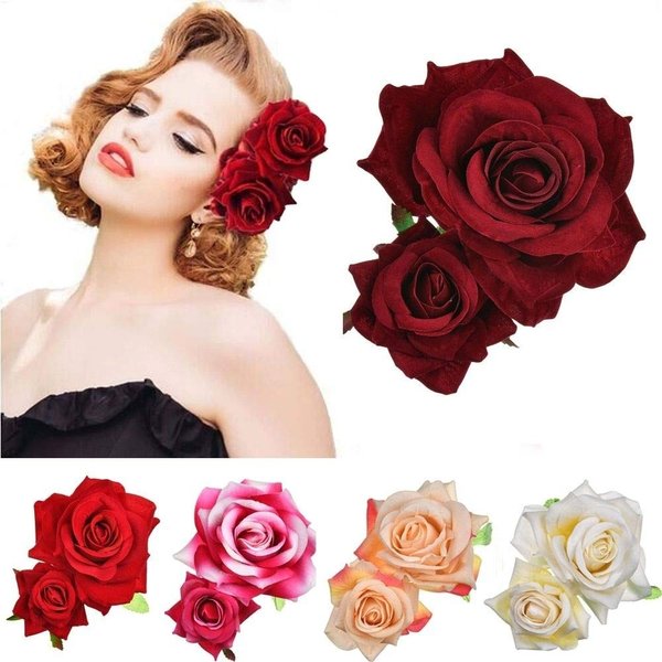 Ladies Handmade Flannel Elegant Pink Red Rose Hairpin Hair Clips Bridesmaid Head Piece Bridal Flower Hiar Clip(WINE RED)
