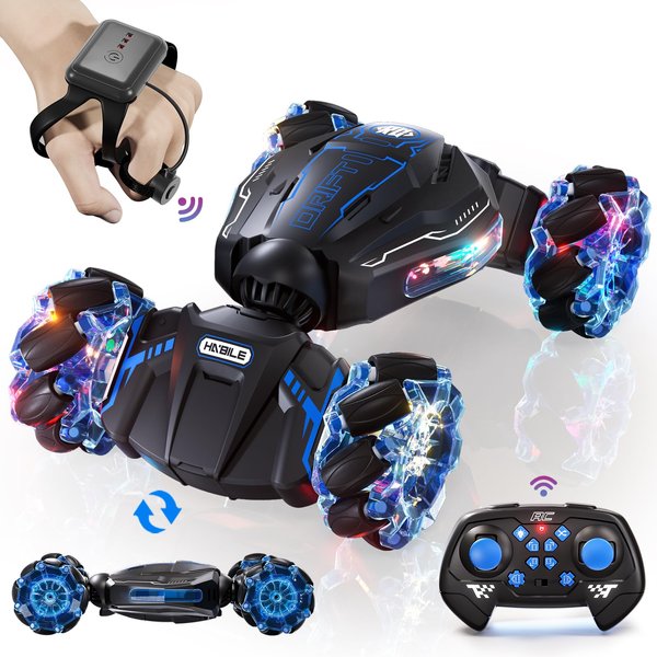 Uregoio Remote Control Car, 2.4GHz 4WD Gesture Sensing RC Stunt Car, Drift Hand Controlled Twist Cars with Light & Music, Cool Birthday Gifts for Kids Boys Toy Age 6 7 8 9 10 11 12 Years Old(Blue)