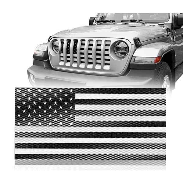 Hooke Road Front Grill Grille Insert US Flag for Jeep Wrangler JL & Jeep Gladiator 2018 2019 2020 2021 2022 2023 2024 (Black & White)