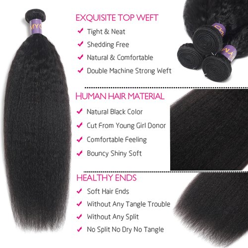 Kinky Straight Human Hair 3 Bundles Natural Black Yaki Straight Human Hair Extensions 100% Unprocessed Brazilian Virgin Remy Hair Grade 10A Kinky Straight Human Hair For Black Women（16 18 20 Inch)
